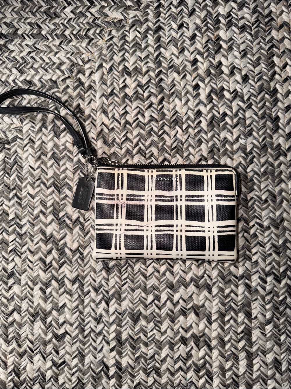 Coach Black & White Plaid Corner Zip Wristlet Wallet